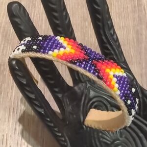 Native American Navajo Seed Bead Leather Cuff